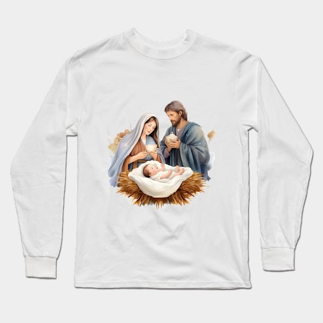 Watercolor Nativity Scene Long Sleeve T-Shirt by nomanians